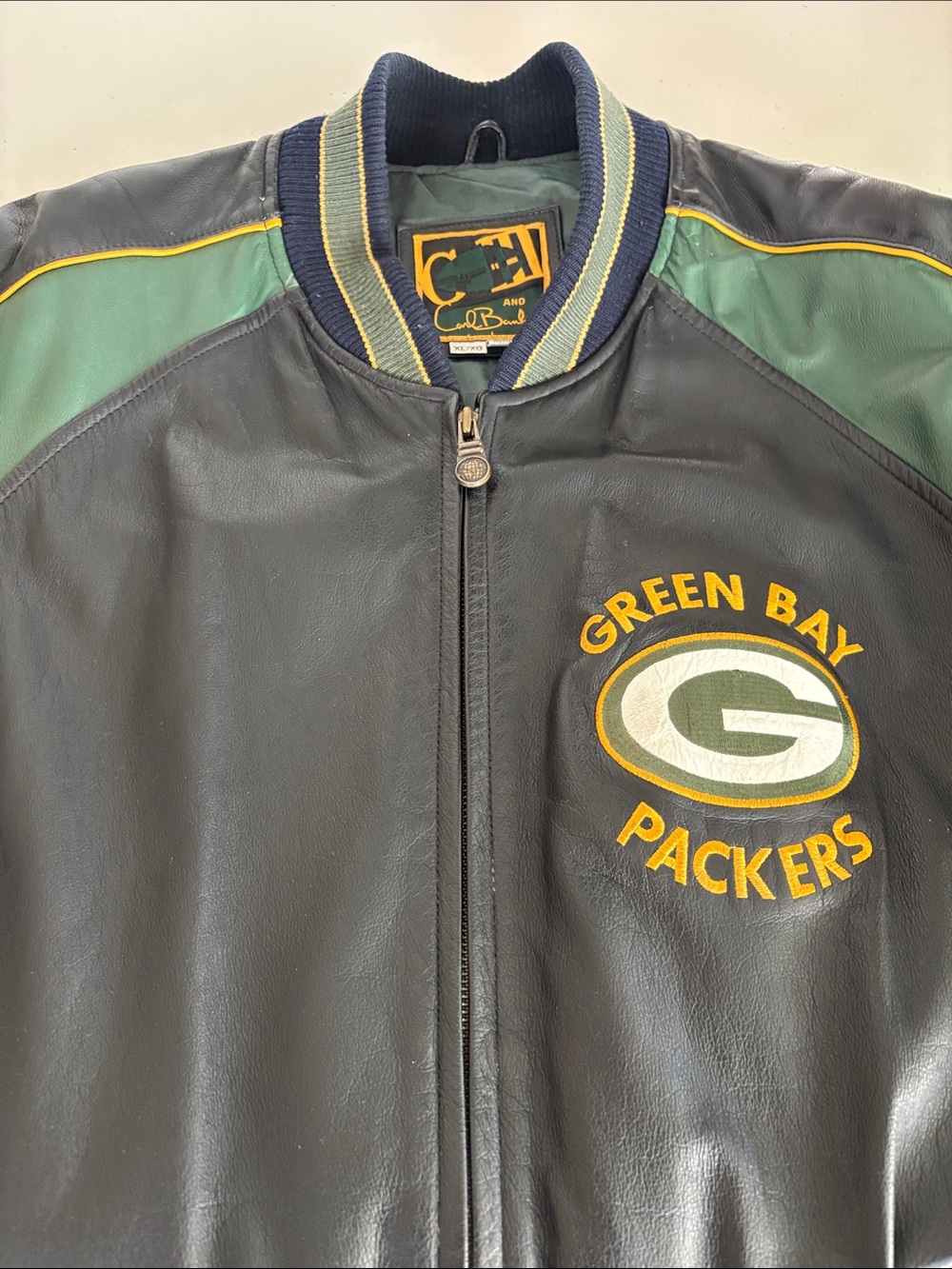 Carl Banks GREEN BAY PACKERS Black Leather Bomber Jacket with Green Accents - XL
